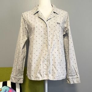 Figs Heartbeat Grey Long Sleeve Button Pajama Sleep Shirt Small